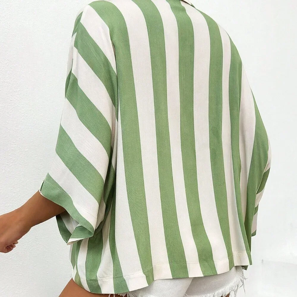 Green Casual Women's Batwing Sleeve Striped Shirt - Picture 2 of 6